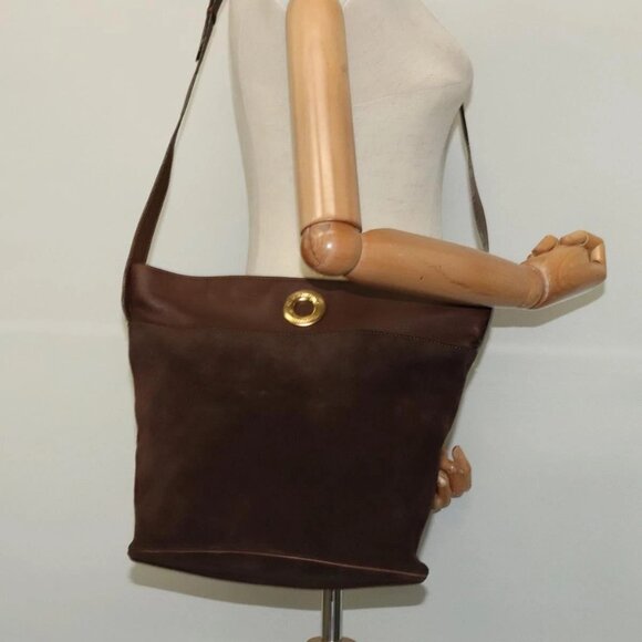 CELINE Shoulder Bag Suede Leather Dark Brown Gold Auth - Picture 1 of 15